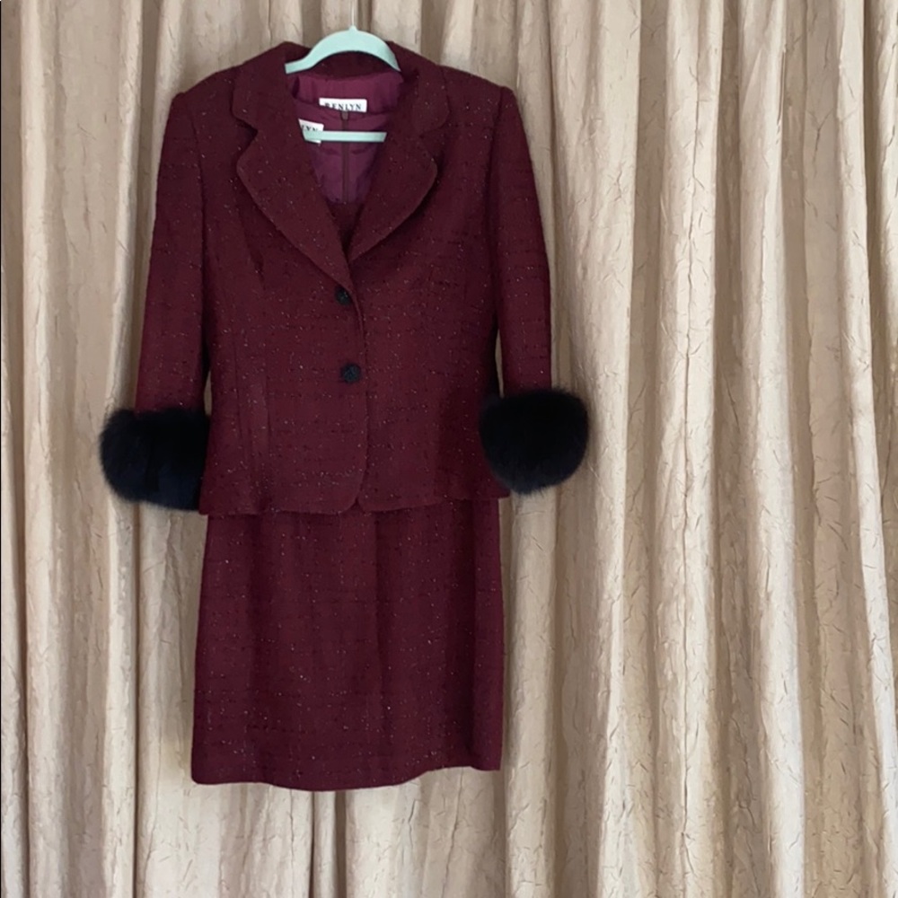 Vintage Cranberry Maroon Suit with Fox Fur Cuffs